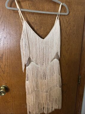 Lulus Get in the Groove Champagne Sequin Fringe Mini Dress NWOT